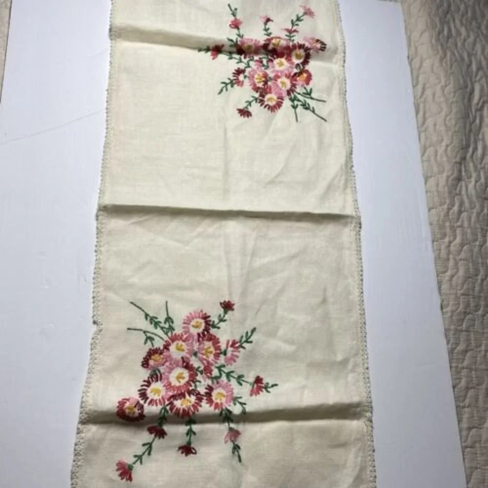 Vintage Dresser Scarf Table Runner Embroidered Floral Flowers Red Pink